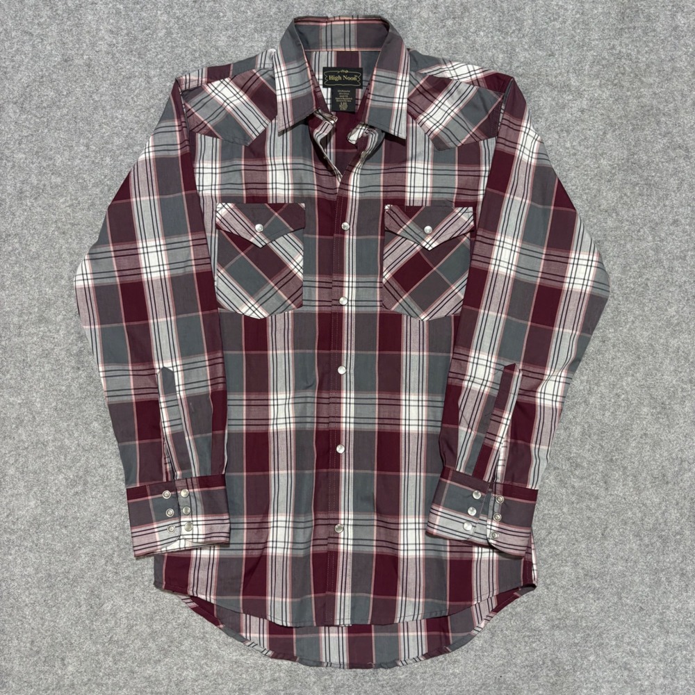 High Noon Mens Western Pearl Snap Shirt Plaid Burgundy Grey Small S RG
